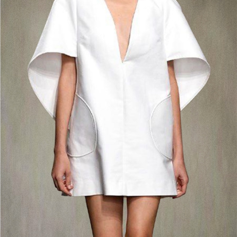 White Mini Dress with Dolman Sleeves and Plunge Neckline